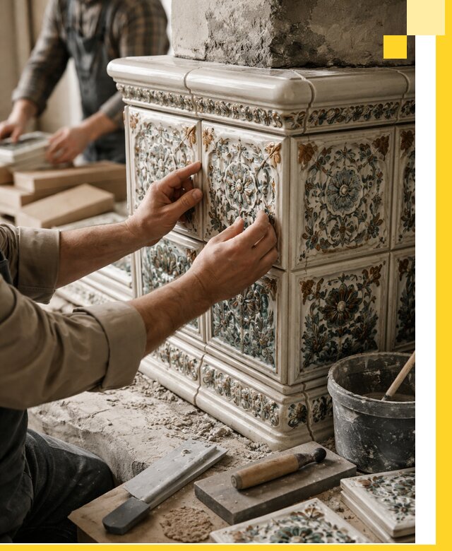 Изразцовые камины под ключ в Волхове: проект и монтаж