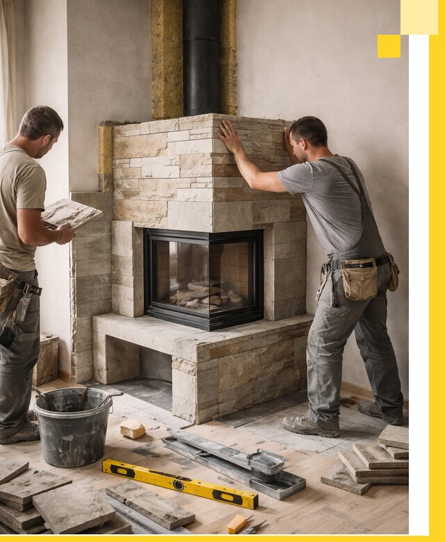 Угловые камины под ключ проект, монтаж и отделка в Волхове