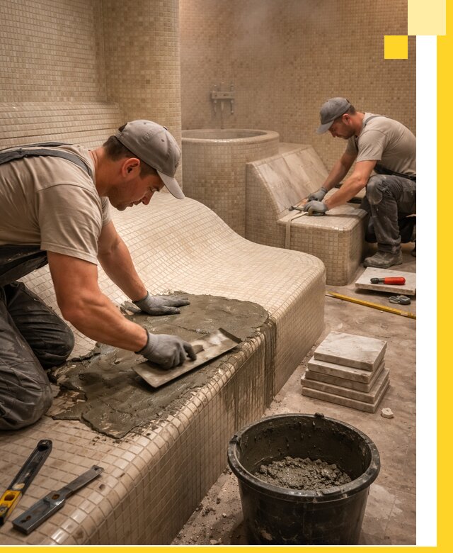 Лежаки для хамама под ключ в Волхове, проект и монтаж